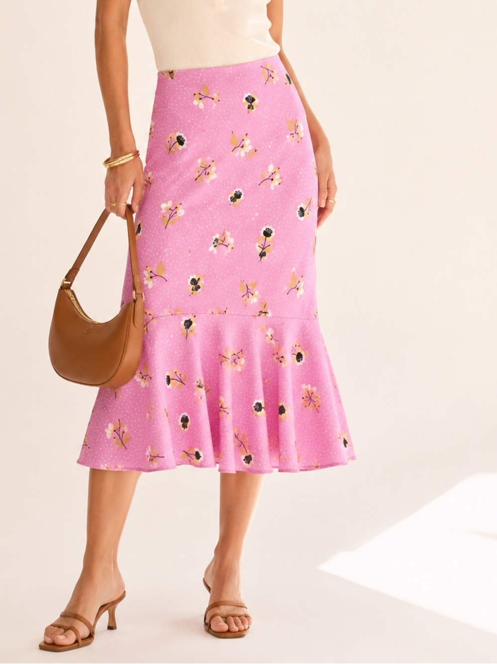 Y2K Floral Polka Dot Siren Midi Skirt Ruffle Hem NWT Tristan Lined Viscose Sz 10 - Picture 2 of 15